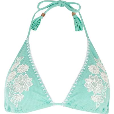 Mint green floral appliqu&#233; string bikini top
